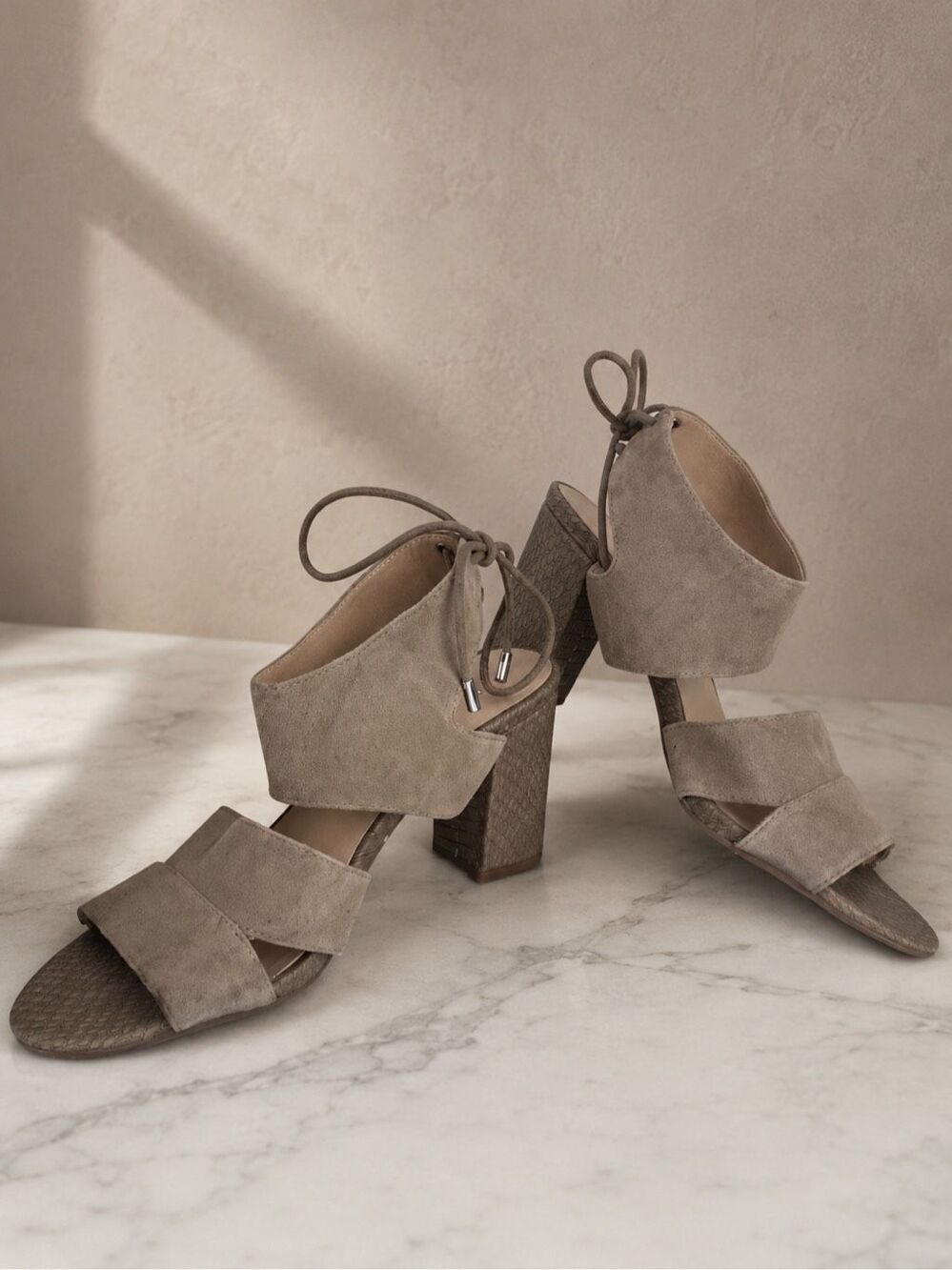 Franco Sarto sz 9 Taupe Suede Lace-Up Block Heel Sandals | 2010s Boho